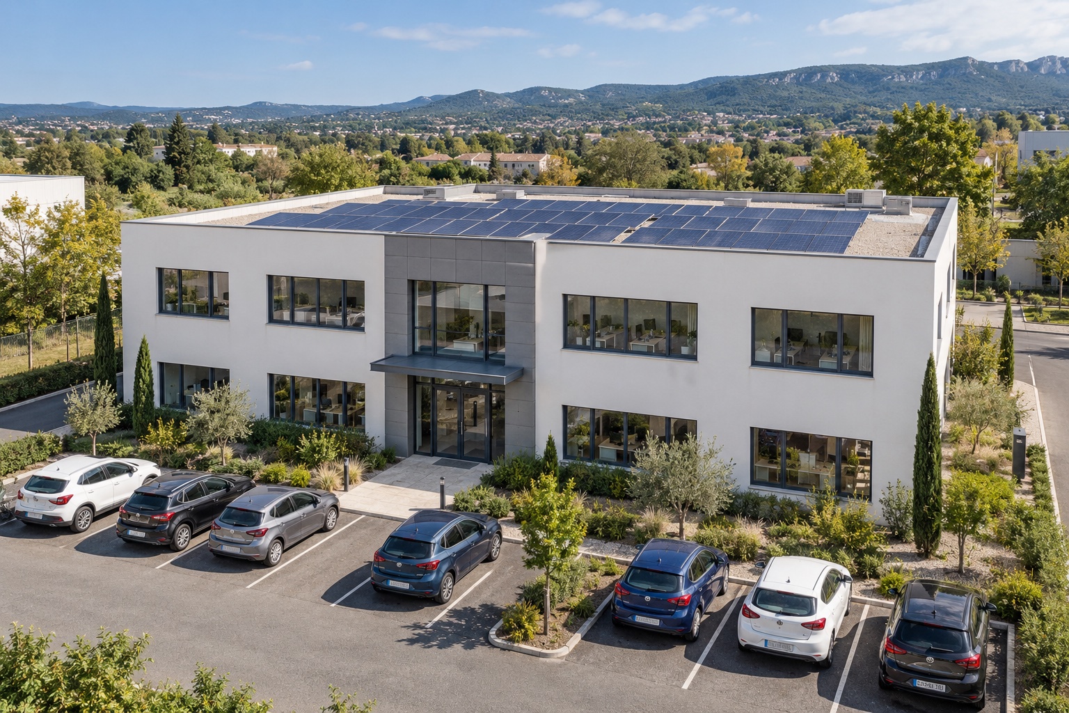 Illustration réaliste d’un petit bâtiment de bureaux de deux niveaux avec panneaux photovoltaïques en toiture